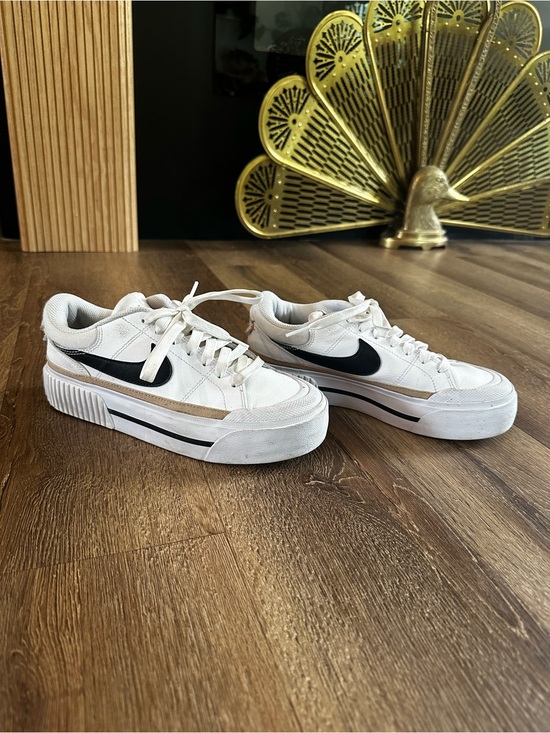 Nike Shoes - Nike Court Legacy Lift White Sneakers with Black Swoosh and Tan Stripe